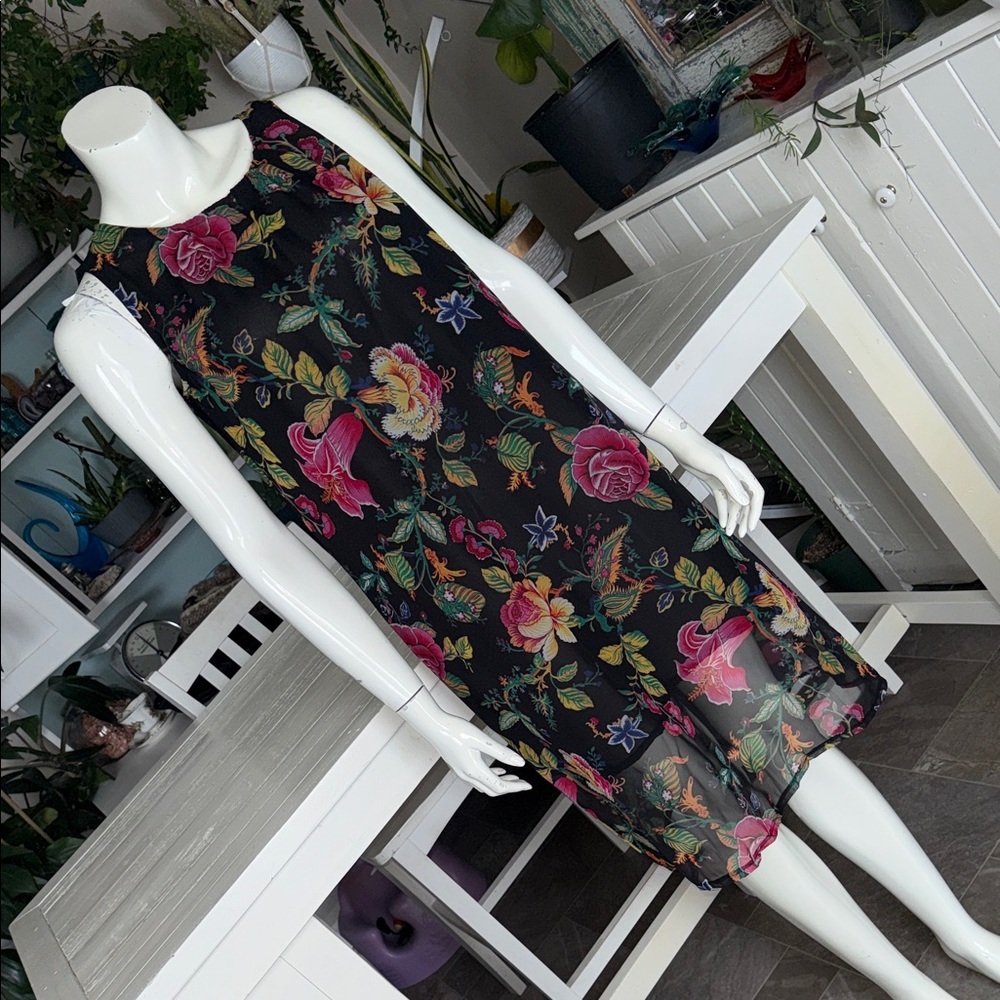Black Floral Sleeveless Shift Dress Black Pink & Green Floral Print Lg NWOT